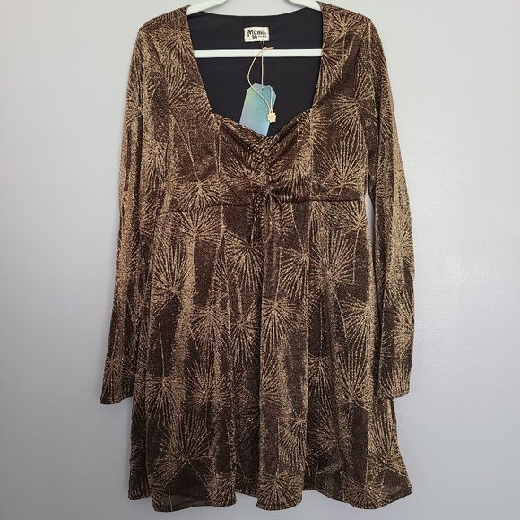 NWT Show Me Your Mumu Dominique Gold Shimmer Long Sleeve Babydoll Mini Dress XL - Picture 5 of 10